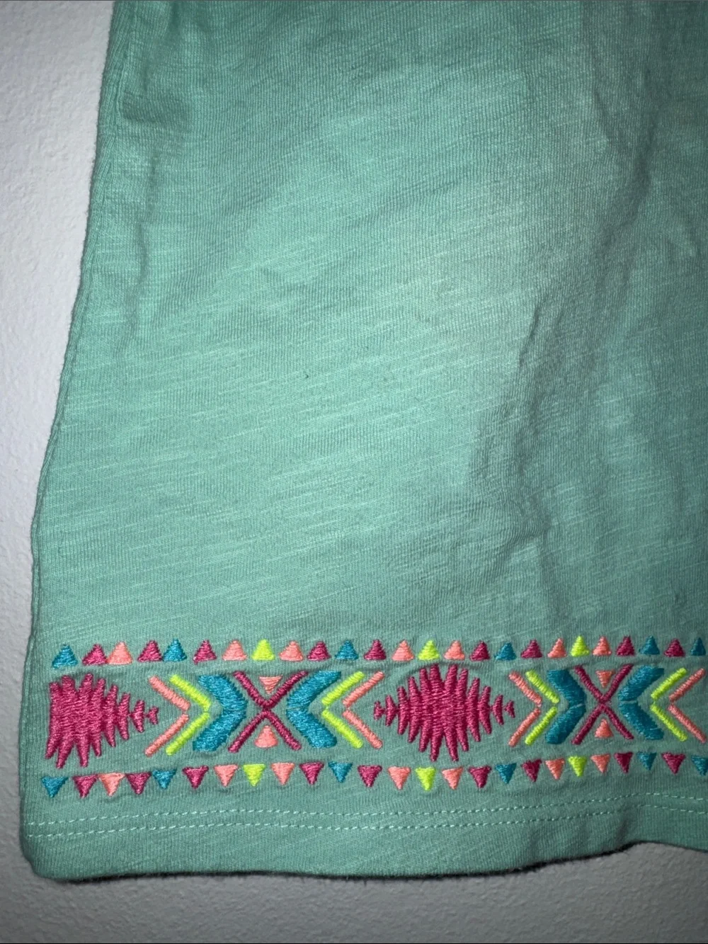 Lands' End Mint Green Short Sleeve Top with Colorful Embroidered Hem, Size M
